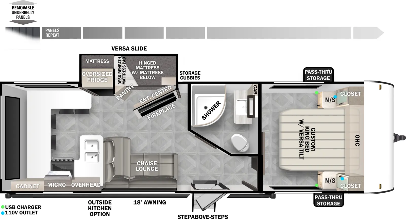 The Salem Cruise Lite 24VIEW floorplan has one slideout and one entry. Exterior features removable underbelly panels, pass-thru storage, StepAbove entry steps, exterior camp kitchen, and an 18 foot awning. Interior layout front to back: custom king bed with versa-tilt, overhead cabinet and closet with night stand on each side; off-door side full bathroom; door side entry, and chaise lounge; off-door side versa slideout features a hinged mattress with mattress below, pantry, storage cubbies, desk beneath mattress pad behind an entertainment center with fireplace, and oversized refrigerator; rear kitchen with peninsula kitchen counter that wraps all around the from door-side around the back to the off-door side with sink, overhead cabinet, microwave, cooktop, and barstools.